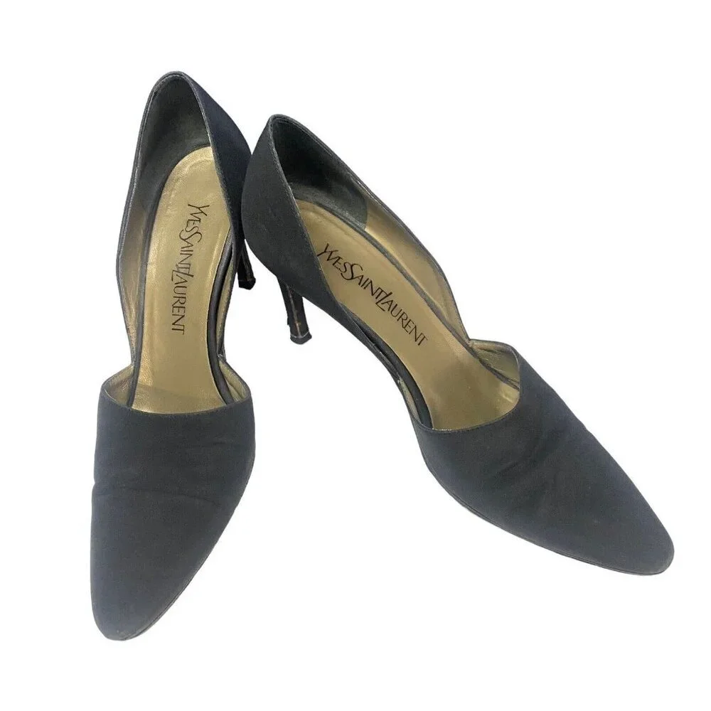 YVES SAINT LAURENT Women Pumps Size 7 Black D'orsay Pointy Toe Heels Career Work - Picture 14 of 16